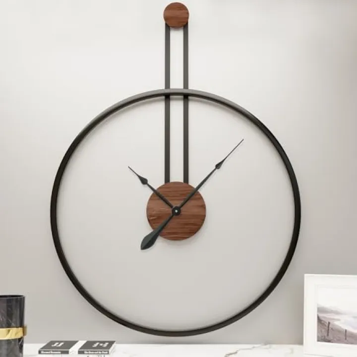 MuZi famlily 38.6×30 Inch Extra Giant Large Metal Modern Farmhouse Oversized Decorative Wall Clocks for Living Room,Big Minimalist Wall Clock with Elegant Natural Walnut Dial for Office,Dining Room