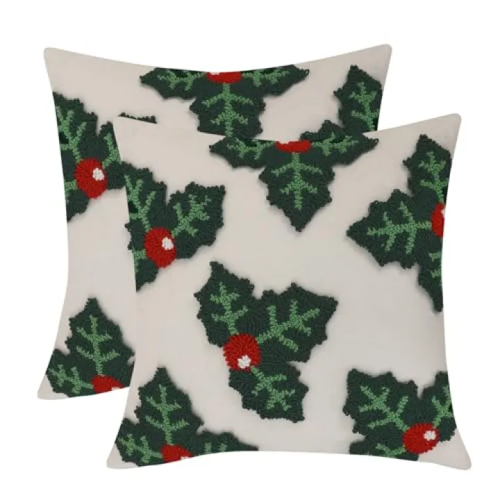 LUOYEHK Christmas Pillow Covers 18x18 Set of 2 Farmhouse Rustic Holly Leaves Decorative Throw Pillows Winter Holiday Merry Christmas Cushion Covers for Couch Sofa Bed