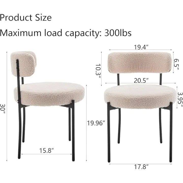 Boucle Dining Chairs Set of 4, Upholstered Dining Room Chairs with Black Metal Legs, Round Modern Dining Chair for Dining Room, Kitchen