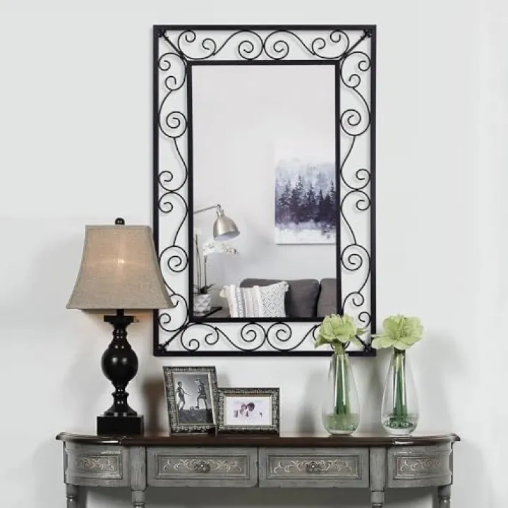 Chende Black Bathroom Mirror, 36'' x 24'' Modern Living Room Decorative Mirror with Metal Scroll Frame, Large Wall Mirror for Entryway, Bathroom, Dining Room