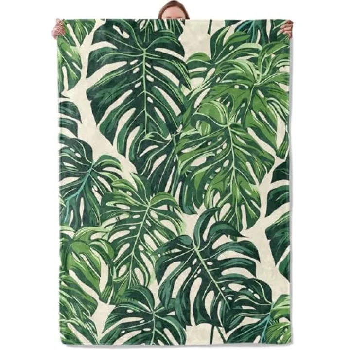 Mounidso Tropical Monstera Leaf Blanket, Botanical Themed Flannel Blanket Gifts for Women, Soft Warm Lightweight Blankets for Living Room Home Travel Decor 50" x 60"
