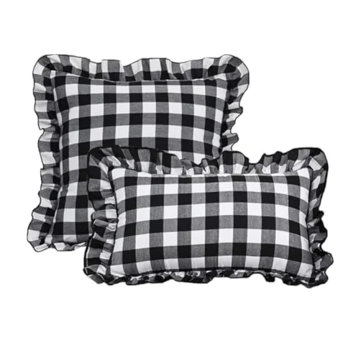 vctops Buffalo Plaid Throw Pillow Cover with Ruffles, Farmhouse Black and White Check Decorative Pillowcase Square Accent Cushion Cover for Sofa Office Bedroom (Black,18"x18")