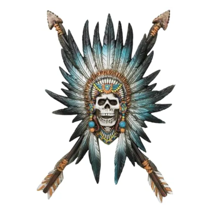 Ebros Gift Southwestern Native Indian Chieftain Warrior Skull with Roach Headdress and Crossed Arrows Wall Decor Sculpture Hanging Plaque Figurine As Gothic Decoration Cultural Heritage Arts