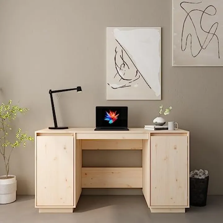 KCCLVER Office Furniture, Desk 55.1"x19.7"x29.5" Solid Wood Pine,Pine Wood Home Office Desk with Ample Storage for Modern Minimalist Interiors Office Desks