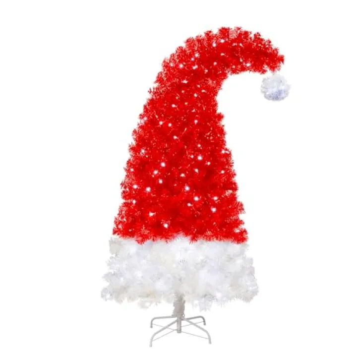 Merax 7FT Red Christmas Tree, Red Santa Hat Christmas Tree Prelit with 400 Lights and 1250 Branches, Artificial Whimsical Seasonal Holiday Decoration