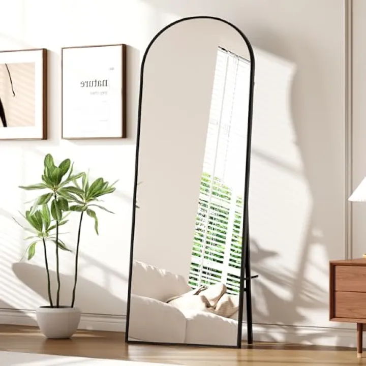 HomeEterna Arched Full Length Mirror 65"x 22" Full Body Mirror Floor Mirror Wall Mounted Mirror Freestanding Full Size Mirror Leaning Against Wall Large Tall Mirror with Bracker Black Frame
