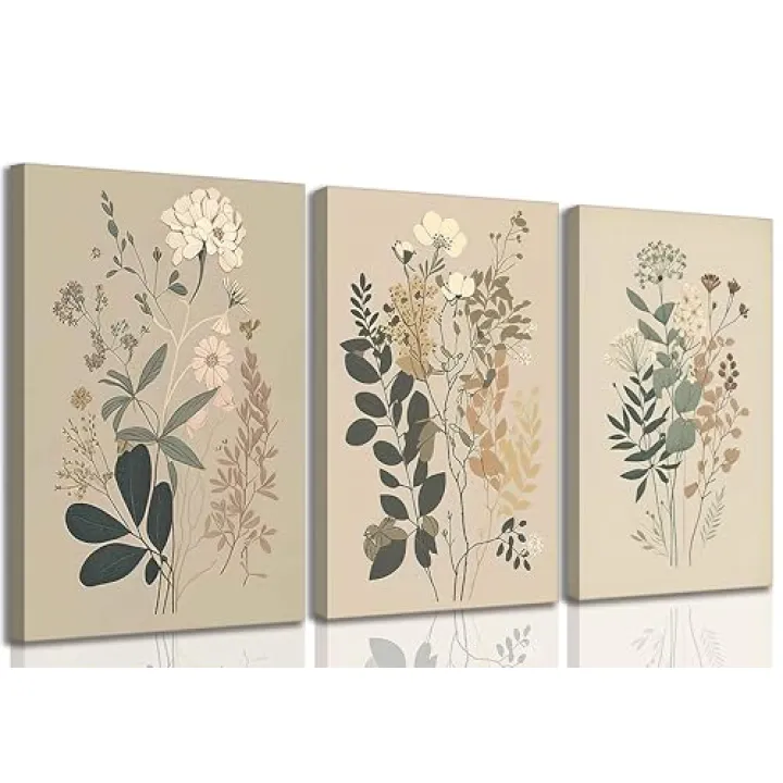 UHVBBCO 3 Pcs Vintage Neutral Flower Canvas Wall Art Rustic Farmhouse Daisies Wildflowers Ferns Floral Botanical Still Life Picture Wall Decor Poster Printing Artwork for Living Room Bedroom