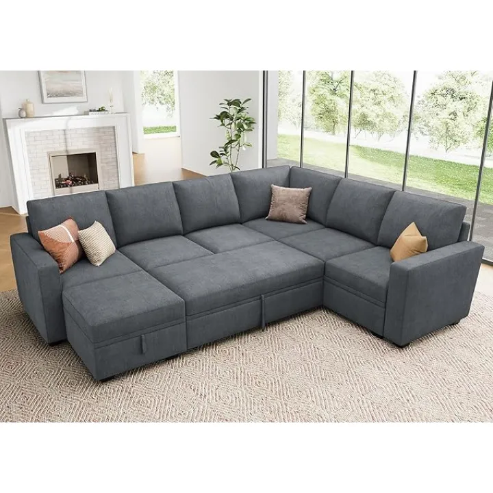 HONBAY Modular Sectional Couch with Pull Out Bed, Chenille Sleeper Sofa with Storage Seats Ottoman, U Shaped Sectional Couches for Living Room, Bluish Grey