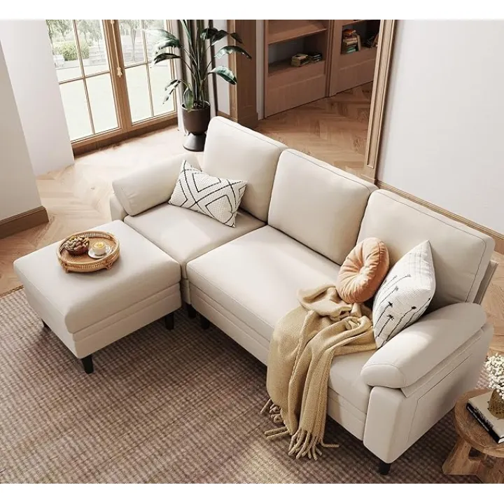 LINSY HOME 82" Reversible Sectional Sofa Couch, 3 Seater L -Shaped Sofa with Ottoman, Comfy Sectional Couch with Storage Bag & Sleepable Armrest for Living Room (Beige)