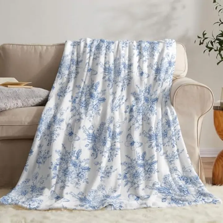 Blue and White Floral Throw Blanket, Fuzzy Soft Cozy Flannel Blanket for Home Bed Sofa Couch Chair, Decorative 50 x 60 Inch Blanket