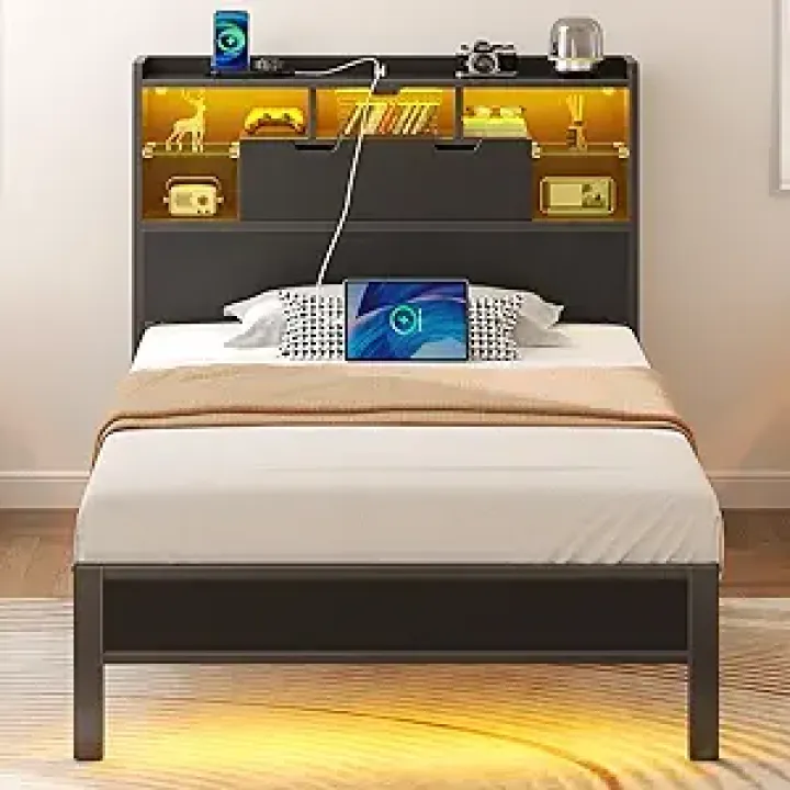 Rolanstar Twin Bed Frame with Headboard, LED Bed with Bookcase Storage and Charging Station, Metal Platform Bed with Glass Shelves, No Box Spring Needed, Noise-Free, Black