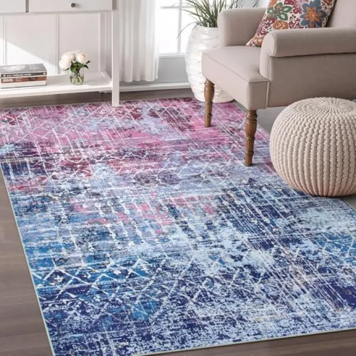 Zealude Boho Abstract Purple Pink Rugs for Bedroom Girls Kids, Washable 5x7 Preppy Colorful Area Rug for Living Dining Room, Non Slip Modern Pastel Carpet for Playroom Nursery Girls Room (5 x 7)