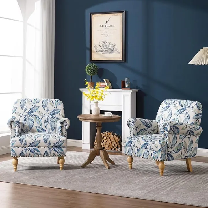 Living Room Accent Chair Set of 2 Linen Upholstered Reading Chair with Arms Small Sofa Chair for Lounge Bedroom Corner Nook Dorm, Blue Pattern