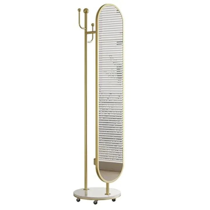 SUZEPER Full Length Mirror with Wheels, Rotatable Mirror with Coat Rack, Floor Standing Mirror with Storage Stand Full Body Mirror for Women Girls Home Bedroom Living Room, Gold