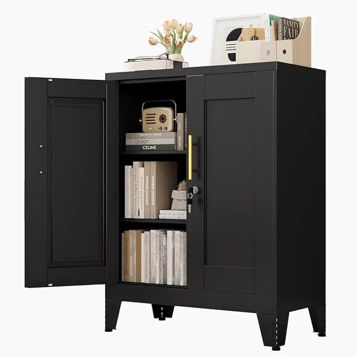 Black Metal Storage Cabinet, 36" Tall Locking Storage Cabinet with 2 Adjustable Shelves, Steel Locker Organizer, for Office, Home, School