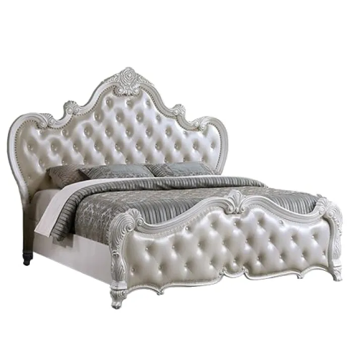 Benjara Venta Queen Size Bed, Pearl White Button Tufted Faux Leather Upholstery
