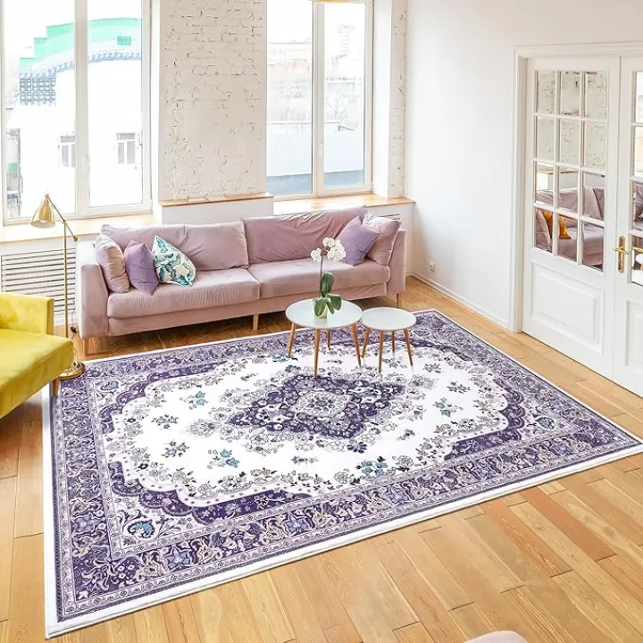 HOMORE Area Rug 4x6 Purple Rugs for Bedroom Living Room, Non Slip Washable Throw Rug for Kitchen Ultra Thin Low Pile Vintage Rugs for Entryway Floral Rug for Dinning Room Office