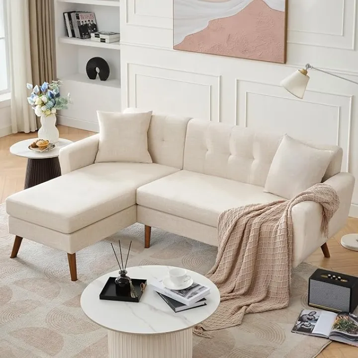 Kingfun 80" W L Shaped Couch Sofa, Mid-Century Modern Sectional Couches for Living Room, 3 Seat Couch with Wide Chaise Lounge & Two Pillows,Button Tufted Upholstered Sectional Sofa for Bedroom, Beige