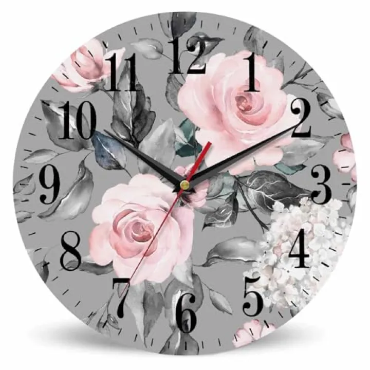 Mxocom Pink Flowers and Leaves Wall Clock Artistic Watercolor Rose Flower Grey Spring 10 Inch Silent Non Ticking Battery Operated Clock Vintage Round Clock for Living Room Bedroom Bathroom Decor