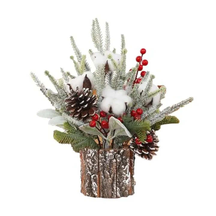 Small Christmas Tree Tabletop Mini Christmas Tree with Holiday Ornaments Red Berry Pine Cone Greenery Tabletop Centerpiece for Home Indoor Fireplace Mantel Xmas Decor (B)