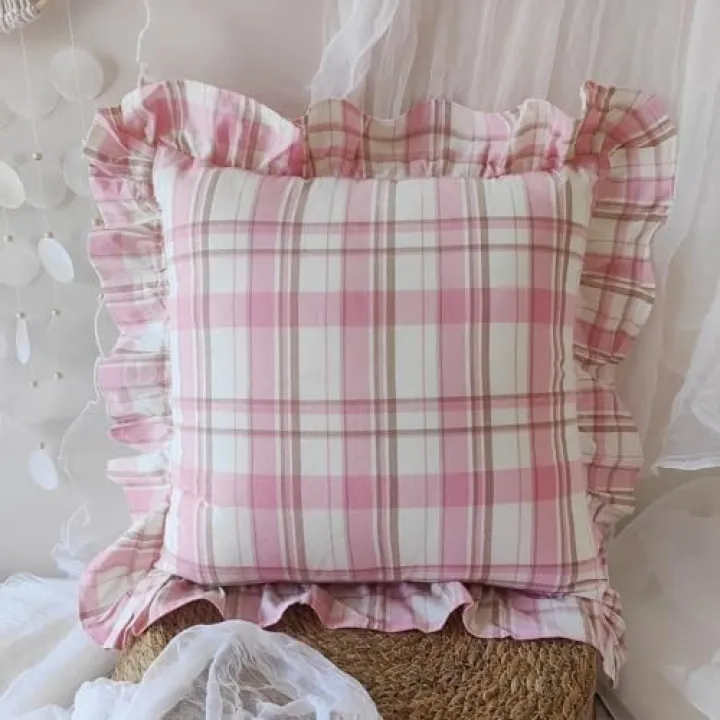 Minoki Pink Ruffle Throw Pillow Cover,Country Style with Plaid and Elegant Lace Inlay Cushion Cover,18x18 Inch Rustic Chic Decor for Living Room, Bedroom, and Farmhouse Style