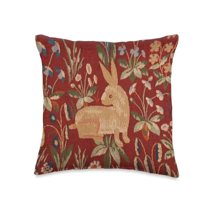 Sitting Rabbit in Red French Tapestry Woven Red Decorative Throw Pillow