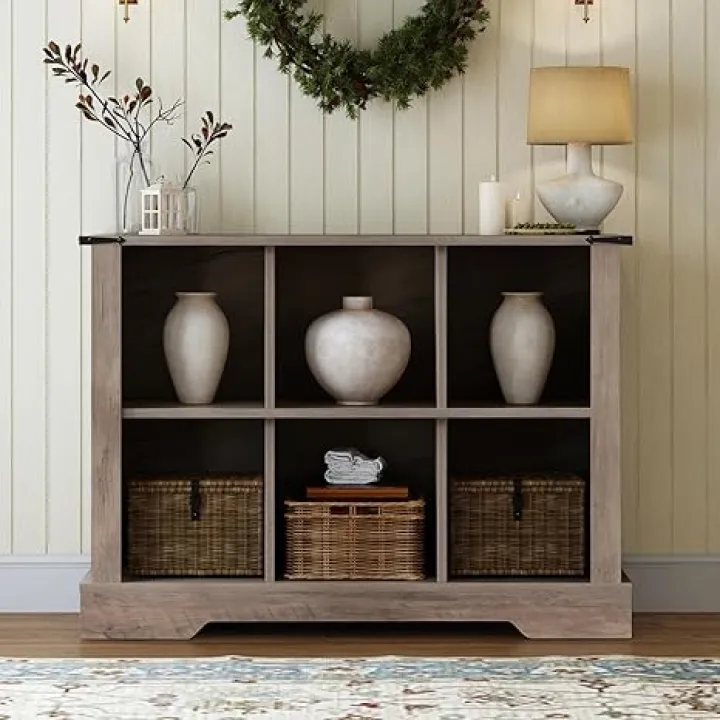 6 Cube Storage Organizer, Wood Cube Bookshelf with LED Lights, Horizontal Storage Cubes, Kids Bookshelf, Display Cabinet Cubby Shelf for Living Room Home Office Bedroom, Grey