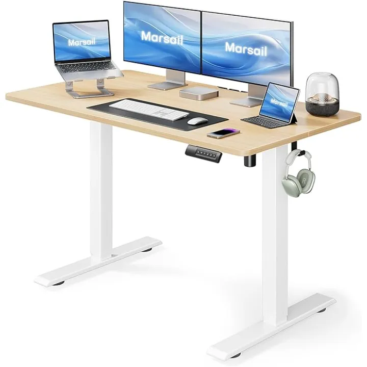 Marsail Standing Desk Adjustable Height Stand up Home Office Desk,‎ 48x24 Inch Electric Standing Computer Desk, with 4 Memory Presets, Headphone Hook, Cable Organizer, Maple