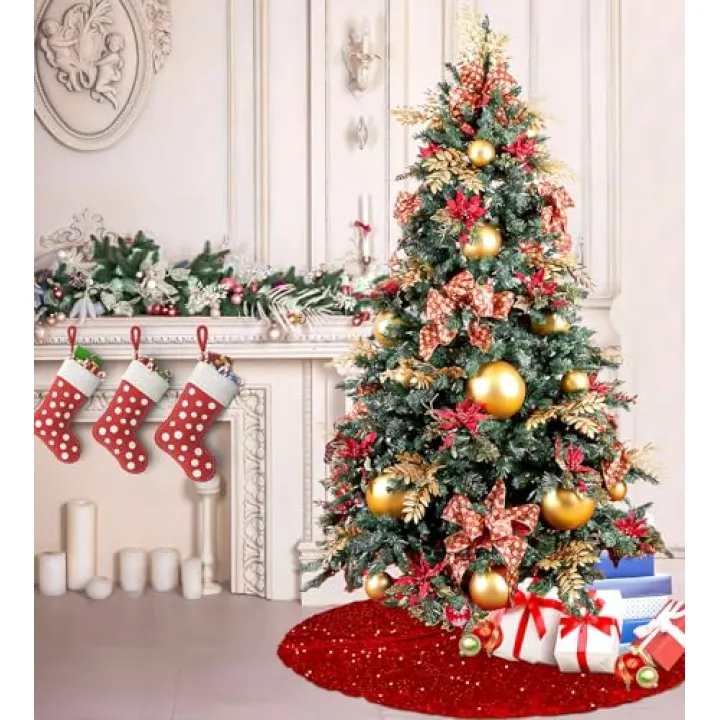 ShinyBeauty 21" Red Sequin & Velvet Christmas Tree Skirt - Sparkling Holiday Decor, Elegant Centerpiece for Home and Party, Festive and Luxurious