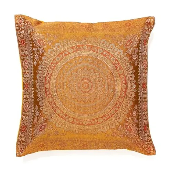 Shivanifashions Indian Mandala Silk Indian Ethnic Bohemian Decorative Cushion Cover Handcrafted Patchwork Sari Throw Pillow Cover Boho Decor Cushion Covers for Gift (Golden Yellow, 20X20 Inches)