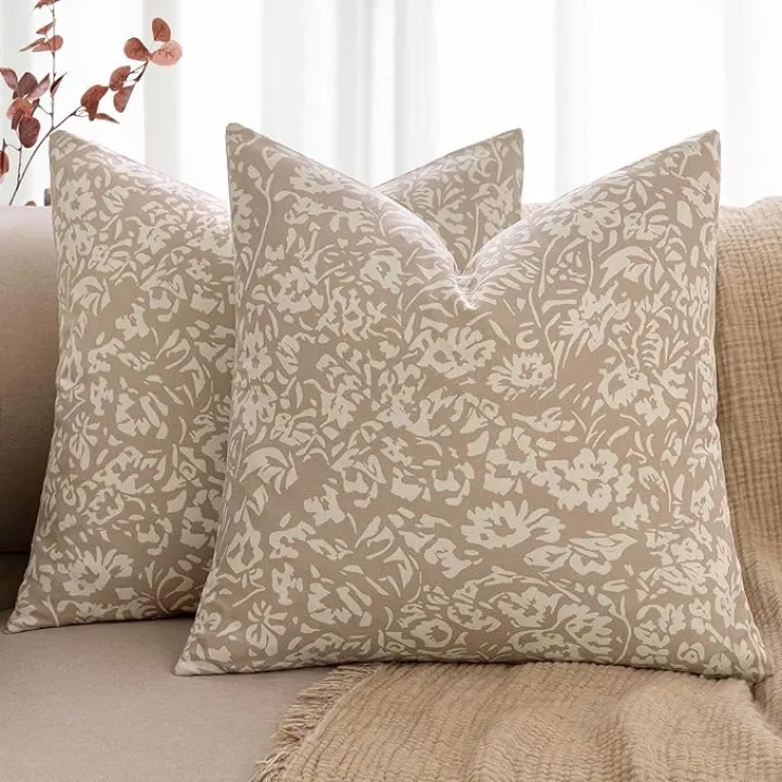 MIULEE Floral Pillow Covers 20x20 Set of 2, Neutral Linen Decorative Throw Pillow Covers for Sofa Couch Outdoor Living Room, Farmhouse Cushion Covers, Cream Oatmea