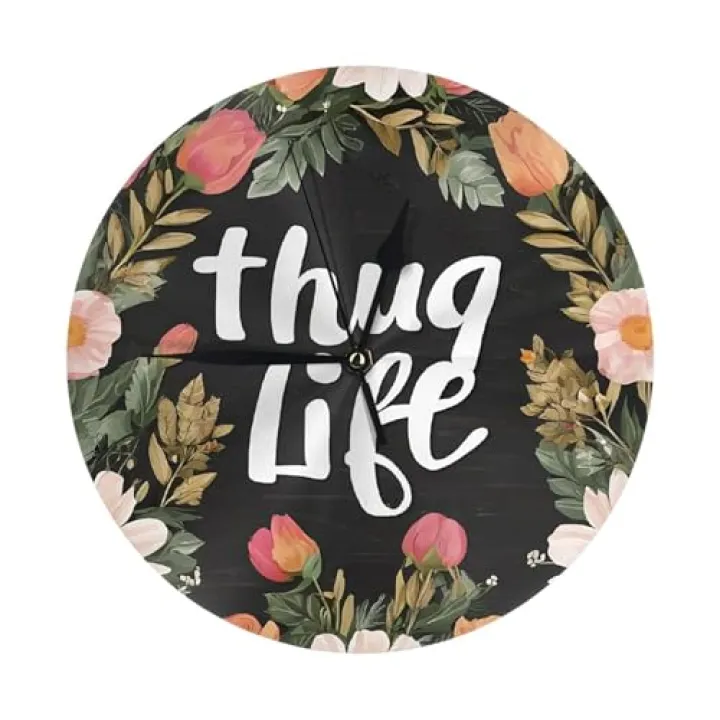 BEIVGOXL Thug Life Flowers Printed Decorative Clock 10 Inch, Silent Non-Ticking Plastic Round Wall Clock, Modern Wind Wall Clock for Living Room,Hotel, Office, Bedroom, Living Room