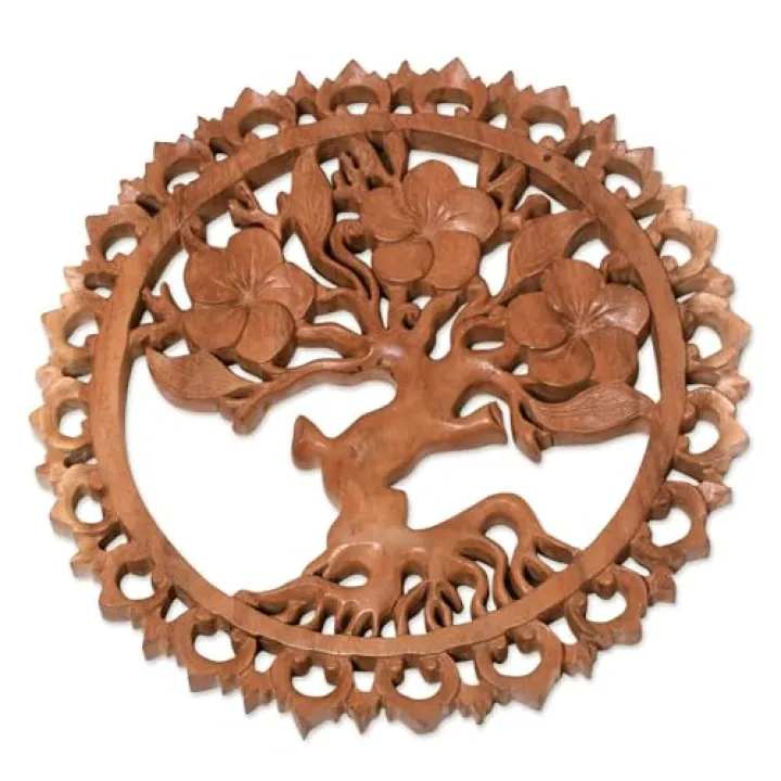 NOVICA Brown Wood Floral Wall Sculpture From Indonesia 'Jepun's Aura'