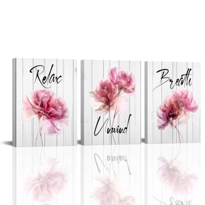 Sepwrol Relax Unwind Breathe Canvas Wall Art Floral Picture Painting Home Bathroom Wall Decor Framed Ready to Hang 12x16inchx3 Pink