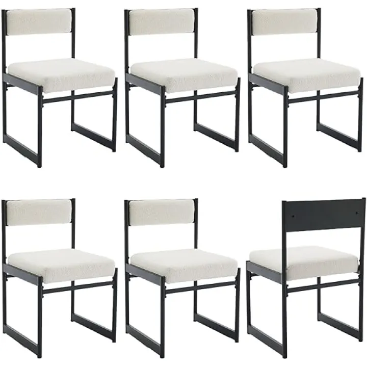 White Modern Dining Chairs Set of 6 Sherpa Upholstered Dining Room Chairs with Metal Legs Armless Ktichen Chairs Rectangle Industrial Style