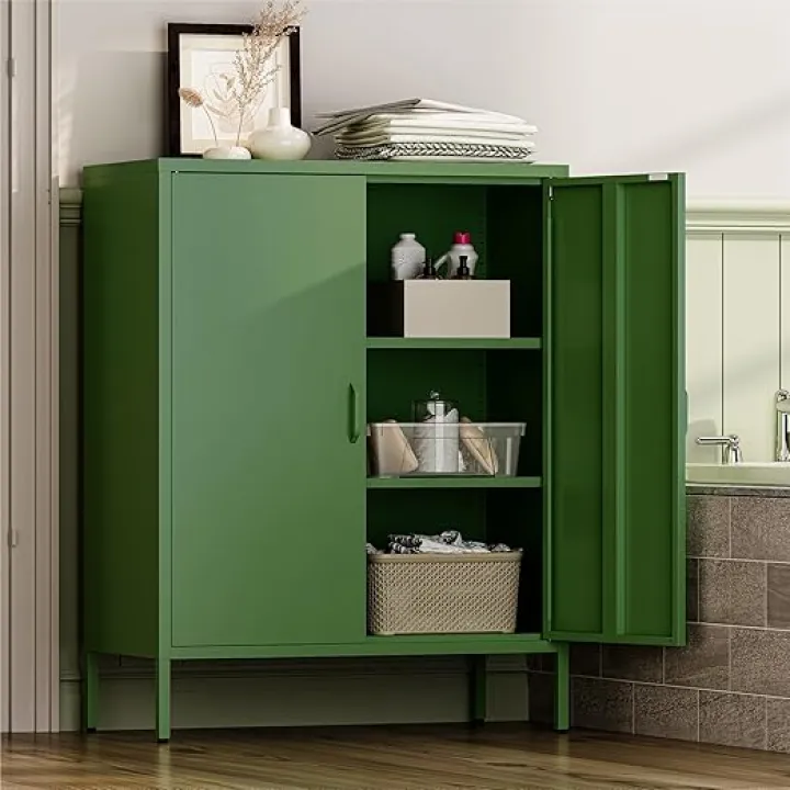 Metal Bathroom Storage Cabinet, Bathroom Floor Storage Cabinet with 2 Adjustable Shelves and 2 Doors,Freestanding Metal Sideboard for Small Spaces, Living Room, Dining Room,Orange