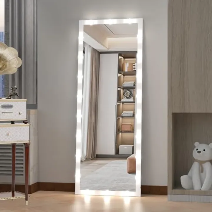 ANYHI 63"X23" Full Length Mirror with Lights, White Large Full Body Mirror with Lights, Tall Standing Floor Mirror with 22 Dimming LED Bulbs, Smart Touch & 3 Color Modes, Wall Mounted/Standing
