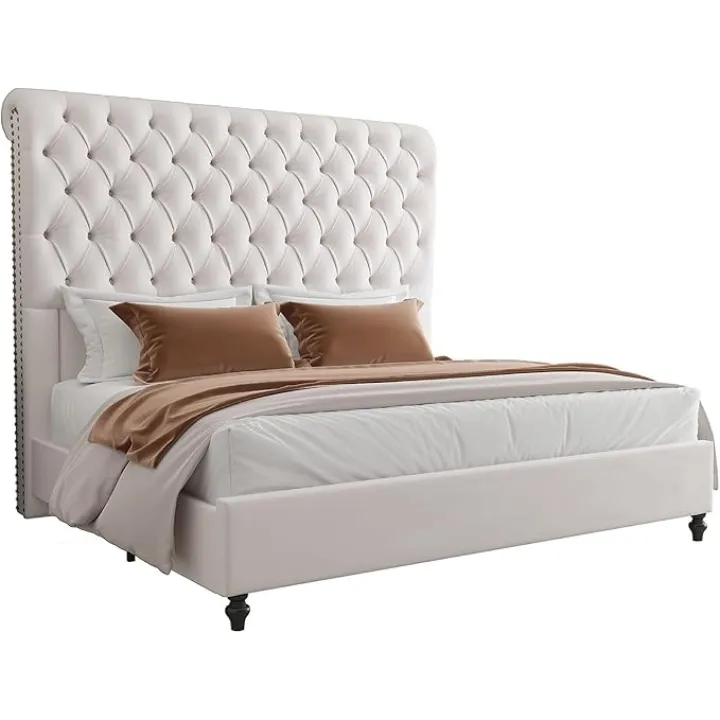AMERLIFE King Size Bed Frame 60" Tall Sleigh Headboard Bed with Velvet Upholstered Platform, No Box Spring Needed, Cream