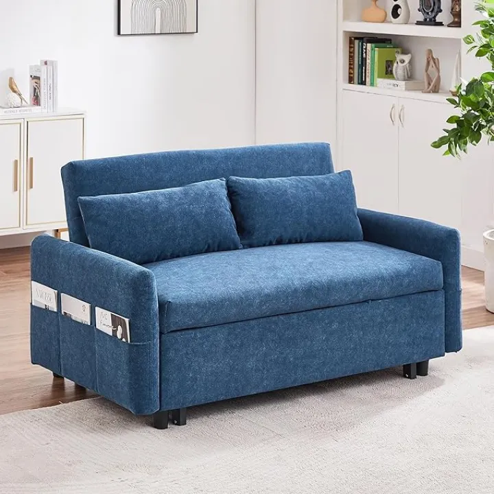 55" Convertible Sleeper Sofa Bed, Modern 3-in-1 Futon Couch Pullout Bed with USB & Type-C Ports, Adjustable Backrest, Storage Pockets, Love Seat Sleeper Bed for Living Room, Apartment, Blue