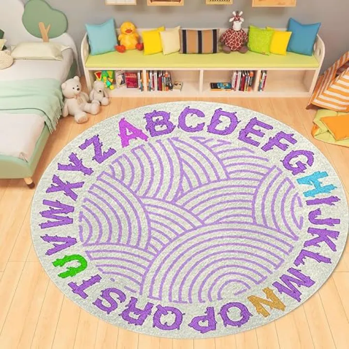 Round Purple Rug,4ft,Soft Girls Living Room Rug Non Slip Bedroom Rug Foldable Washable Soft Floor Carpet for Teen Girls Bedroom Playroom Nursery Room Round Rugs 7ft