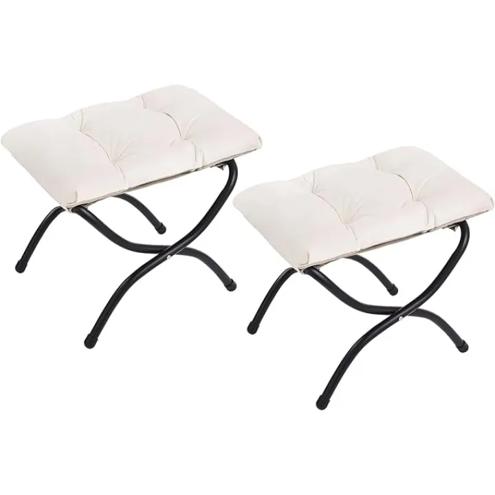 LITA 2 Pcs Folding Upholstered Footrest Stool, Modern Small Portable Accent Ottoman with Detachable Thick Cotton Cushion, Padded Sofa Stool with Metal Frame, Living Room & Bedroom,Velvet Beige