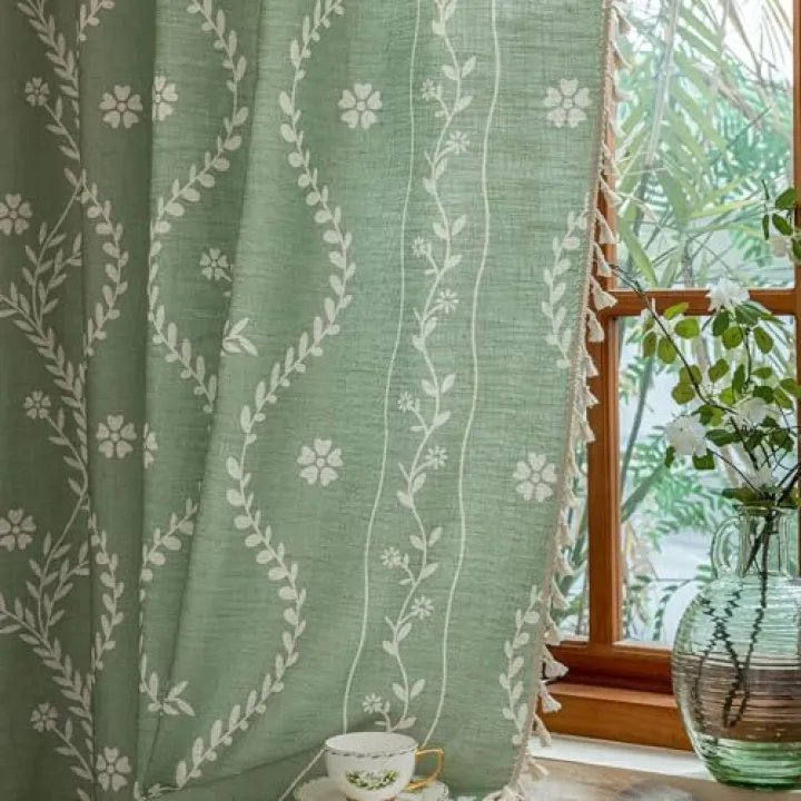 ENJOYBRIDAL Floral Curtains 63 Inch Length Sage Green Semi Sheer Drapes Short Bedroom Living Room Rod Pocket Window Curtains Flower Boho French Country 2 Panels Set Botanical Tassel Window Treatments