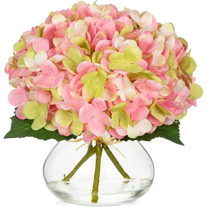 Hollyone Hydrangea Artificial Flowers with Glass Vase Pink-Green Silk Faux Flowers Arrangements in Vase with Faux Water Fake Floral Bulk Bouquet for Home Decor Table Centerpiece Decorations