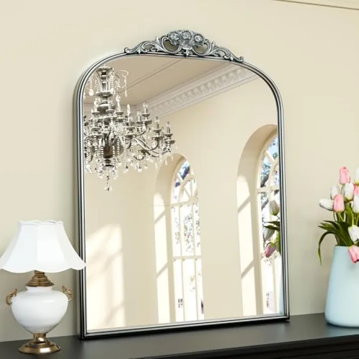 Keonjinn Vintage Mirror 30" x 36", Silver Antique Mirrors for Wall Decor, Arched Decorative Mirror for Mantle, Hallway, Living Room, Fireplace, Bedroom, Bathroom Mirror with French Cleat Mounting
