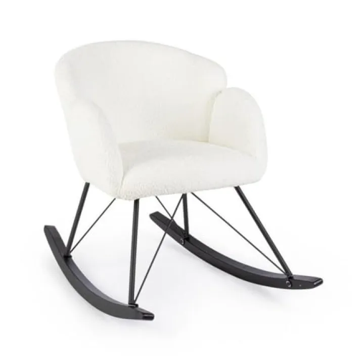 KONTE.DESIGN Poltrona a dondolo SIBILLA in tessuto effetto bouclé bianco e base in legno rubberwood