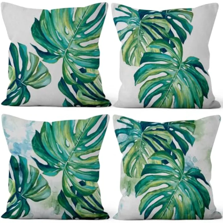 Vie Savaran 4 Pcs/Set Tropical Leaves Pillow Covers Green Palm Tree Leaves Natural Plants Watercolor Minimalist Outdoor Accent Pillow Covers for Home Couch Sofa Farmhouse Decor, 16"x16"