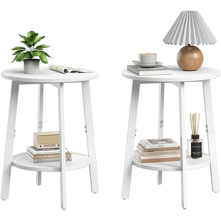 Side Table Set of 2, Small Round End Table with Storage Shelf for Small Space, 2-Tier Bedside Table, Nighstands Set of 2 Accent Table for Living Room, Bedroom, White