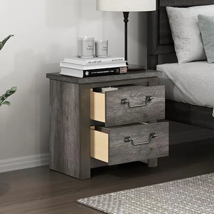 Lexicon Modern Nightstand with 2 Drawers, End Table w/Storage, Bedside Furniture, Bedside Table for Bedroom, No Assembly, Grey
