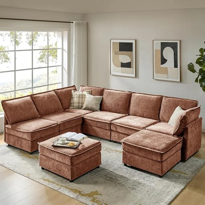 HULALA HOME Oversized Modular Sectional Sofa, 8 Seat U Shaped Couch with Storage Ottoman, Extra Deep Seat, Modern Comfy Chenille Sofa with Chaise, Convertible Sectional Couches for Living Room, Blue