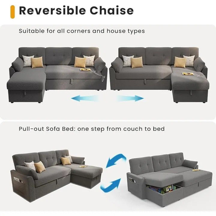 KKL Sofa Bed Couch with Storage Chaise, 85 inch Pull Out Couch for Living Room, Sleeper Sofa Couch with Pull Out Bed, Convertible Sofa Bed with Storage Bag, L Shape Couch with USB Port, Bouclé, Grey